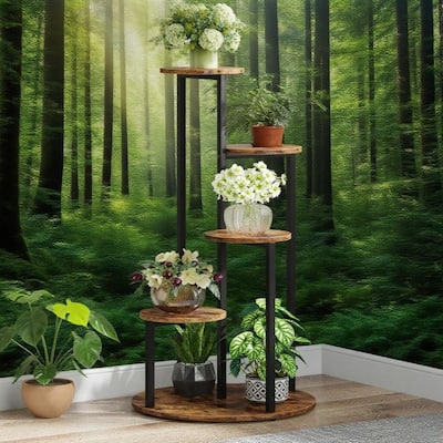 Black-Brown Metal 5-Tier Corner Plant Stand for Indoor and Outdoor - 19.68” x 19.68” x 40.94”