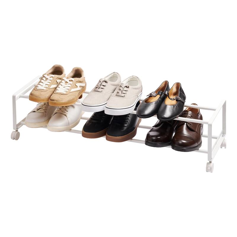 Yamazaki Home Two-Tier Rolling Shoe Rack, Steel - L 10.83 x W 32.87 x H 8.15 inches - White
