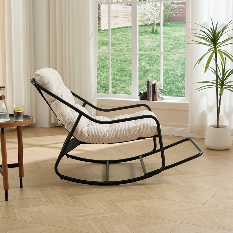 Outdoor Rocking Chair, Comfy Cushion, with Soft Thick Cushion,for Living Room, Reading Room, Black Frame with White Cushion