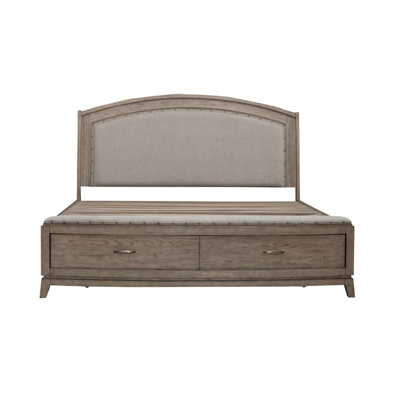 Avalon Burnished Beige Oak Queen Upholstered Storage Bed Bedroom Set