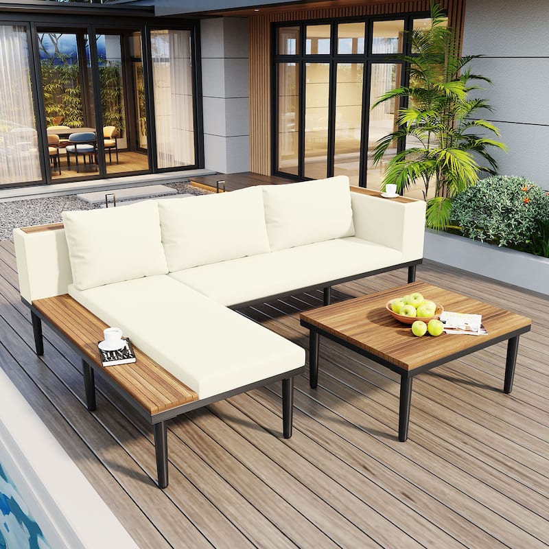 Roomfitters L-Shaped Outdoor Sectional Sofa Set with Built-in Wood Side Tables and Coffee Table, Patio Conversation Set - Beige