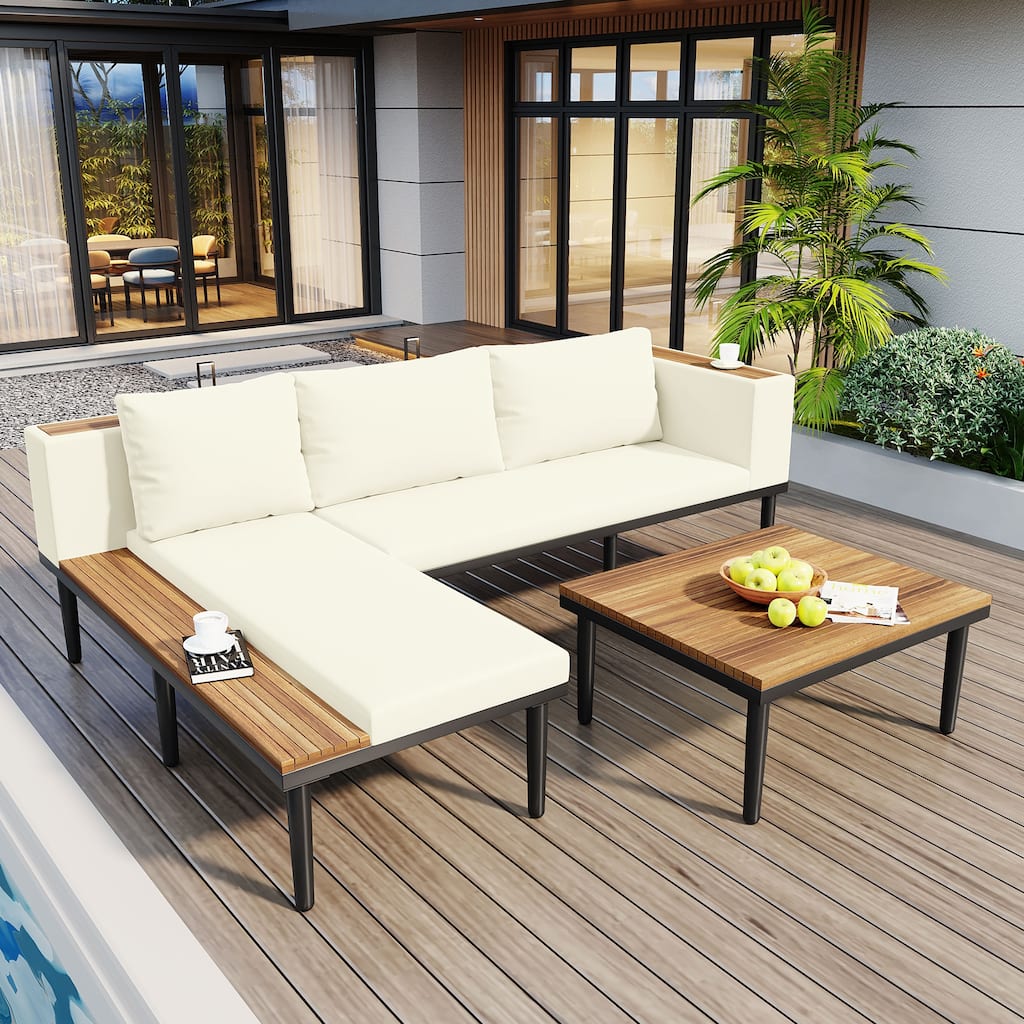 Roomfitters L-Shaped Outdoor Sectional Sofa Set with Built-in Wood Side Tables and Coffee Table, Patio Conversation Set