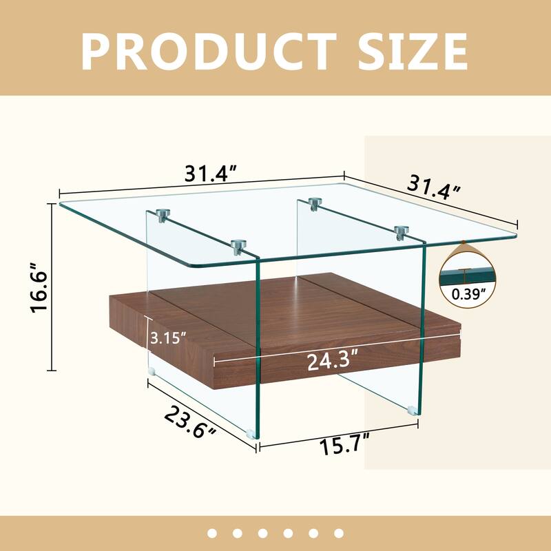 Roomfitters Square Glass Coffee Table with Walnut Finish, Two-Tier Modern Accent Table for Compact Spaces