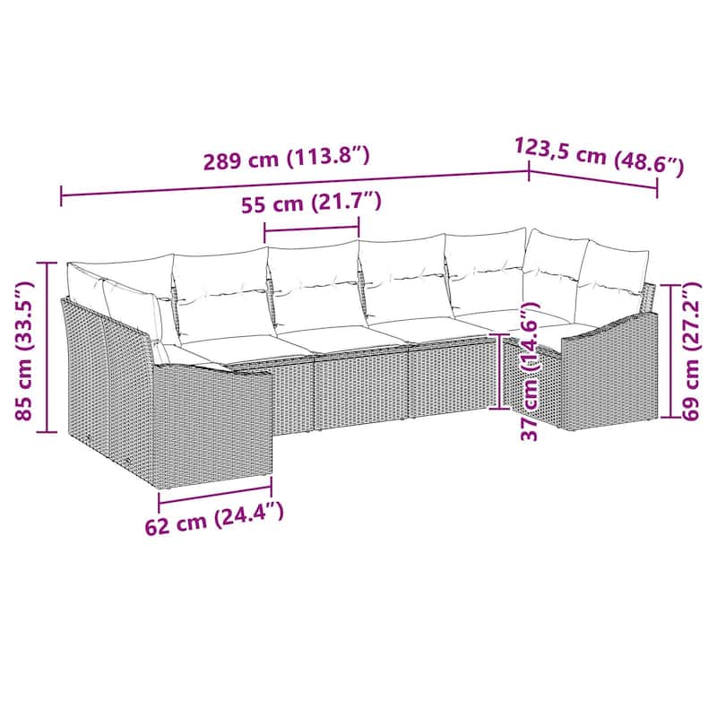 vidaXL 7 Garden Sofa Set with Cushions Black Poly Rattan - 113.8 x 48.6 x 27.2