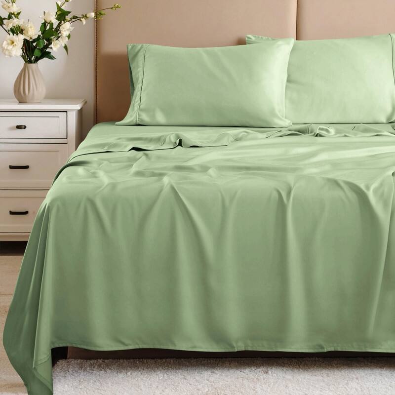 Blue Nile Mills 4 Piece Rayon From Bamboo Sheets 300 Thread Count - Solid Deep Pocket - Queen - Sage