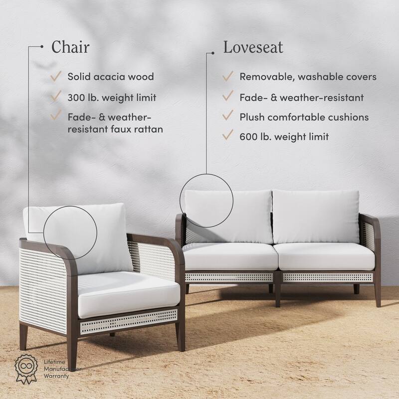 Twila Bohemian Outdoor Upholstered Rattan Patio Seating with Solid Wood Frame