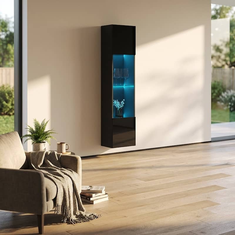 Meble Furniture Booky 42 Wall-Mounted LED Bookcase - 67" Tall Modern Display Cabinet with 16-Color RGB Lighting, High Gloss