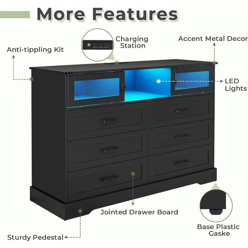 6 Drawers Dresser LED Charging Station Farmhouse Chest of Drawers