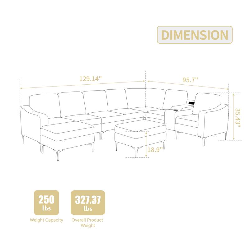 129.14" Corduroy 6-Piece Modular Sectional Sofa with 2 Storage Ottomans, USB Charging and Cup Holders