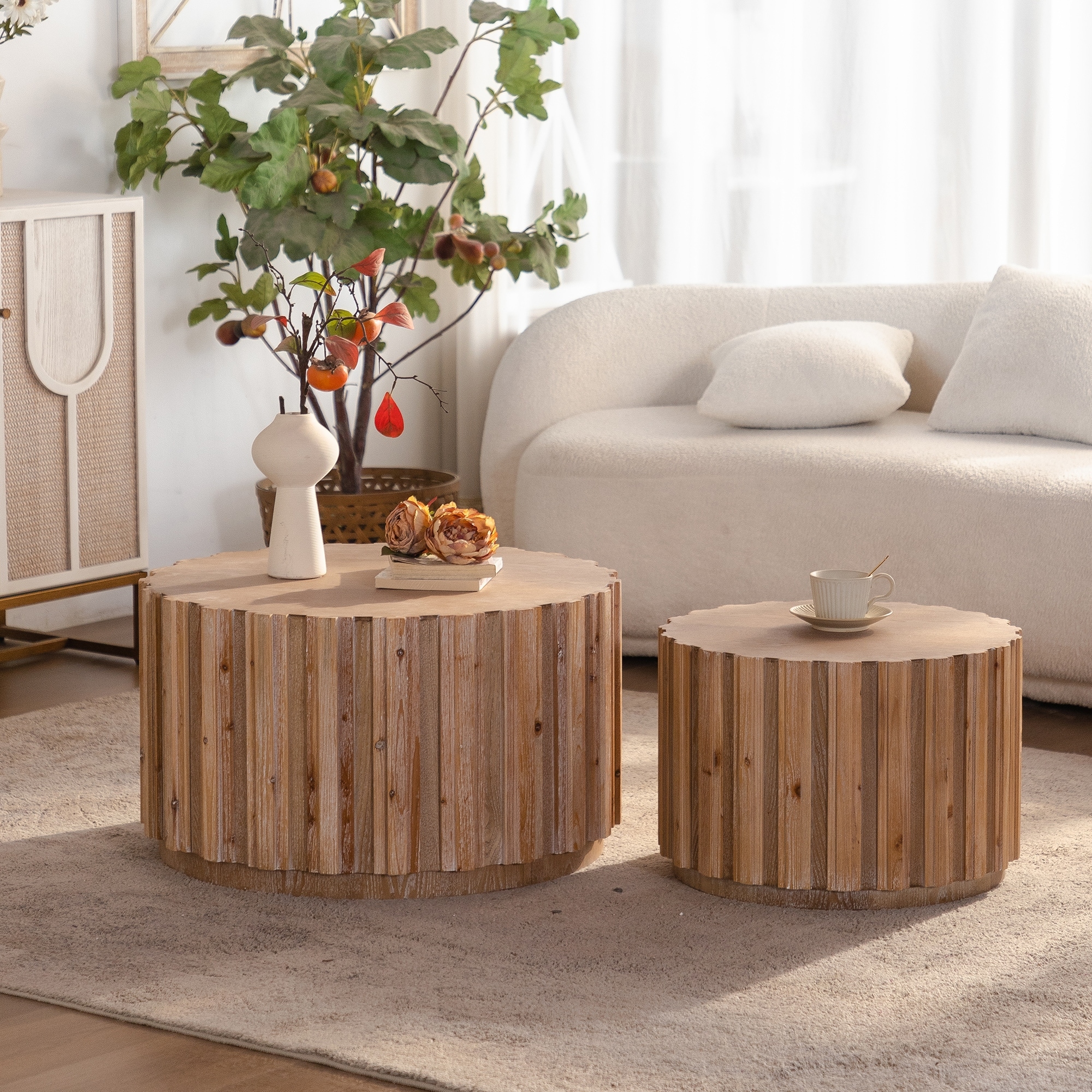 19.7"+27.5" Round Nesting Coffee Table Set of 2, Wood Accent Tables with Vertical Slatted Body, Rustic Farmhouse Side Tables