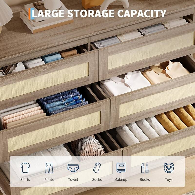 Boho 6 Drawers Wood Dressers TV Stand for Bedroom, Living Room, Hallway