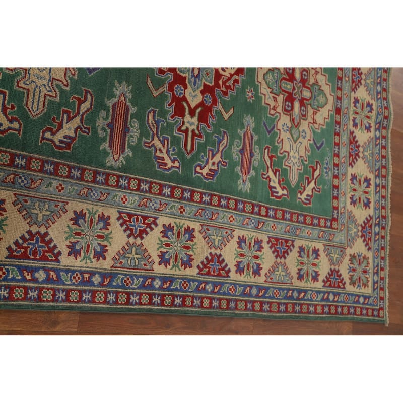 Green Geometric Kazak Area Rug Hand-Knotted Wool Carpet - 4'11" x 6'1"