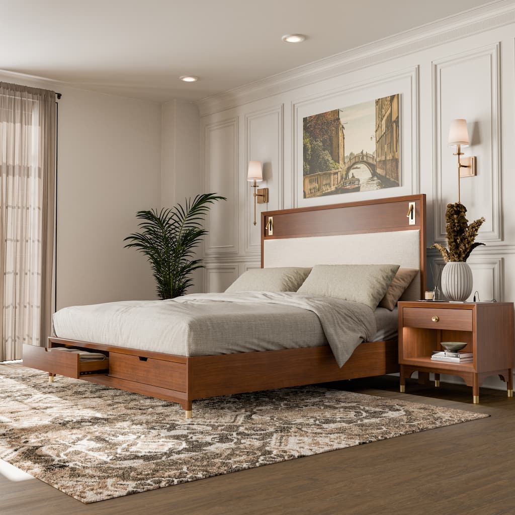 Furniture of America Forma Mid-Century Modern 2-Piece Walnut Solid Wood Storage Platform Bedroom Set