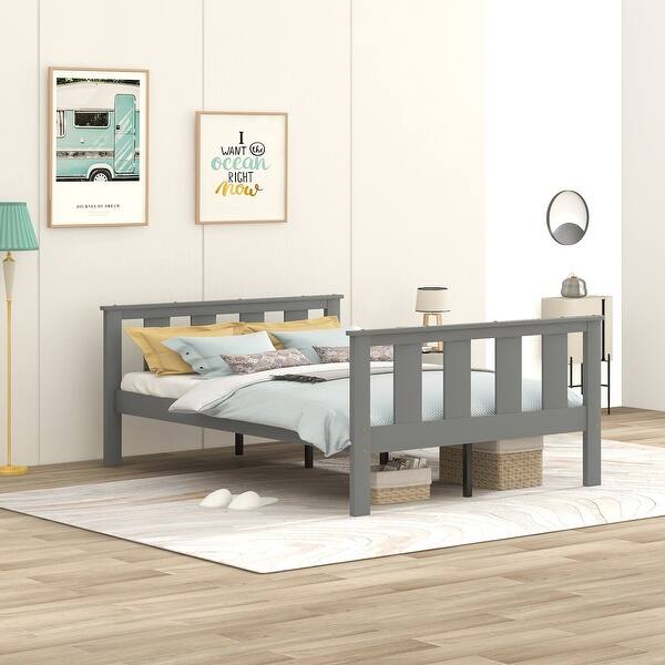 slide 2 of 8, Full Size Classic Modern Design Wood Platform Bed Bed Frame with Footboard and Headboard Grey