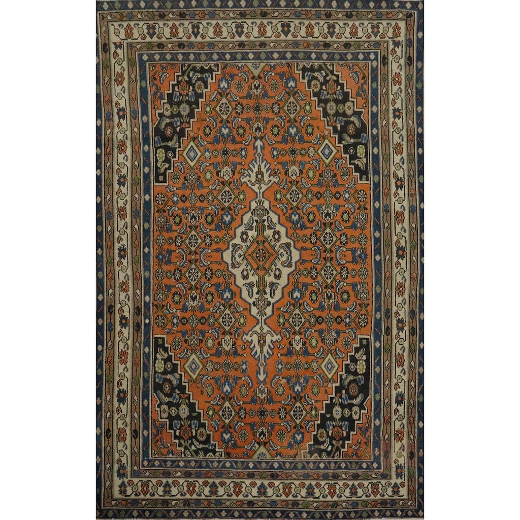 Hand Knotted Oriental 100% Wool Carpet Traditional Medallion Oranges & Rust Hamedan Area Rug - 9' 10'' X 6' 7''