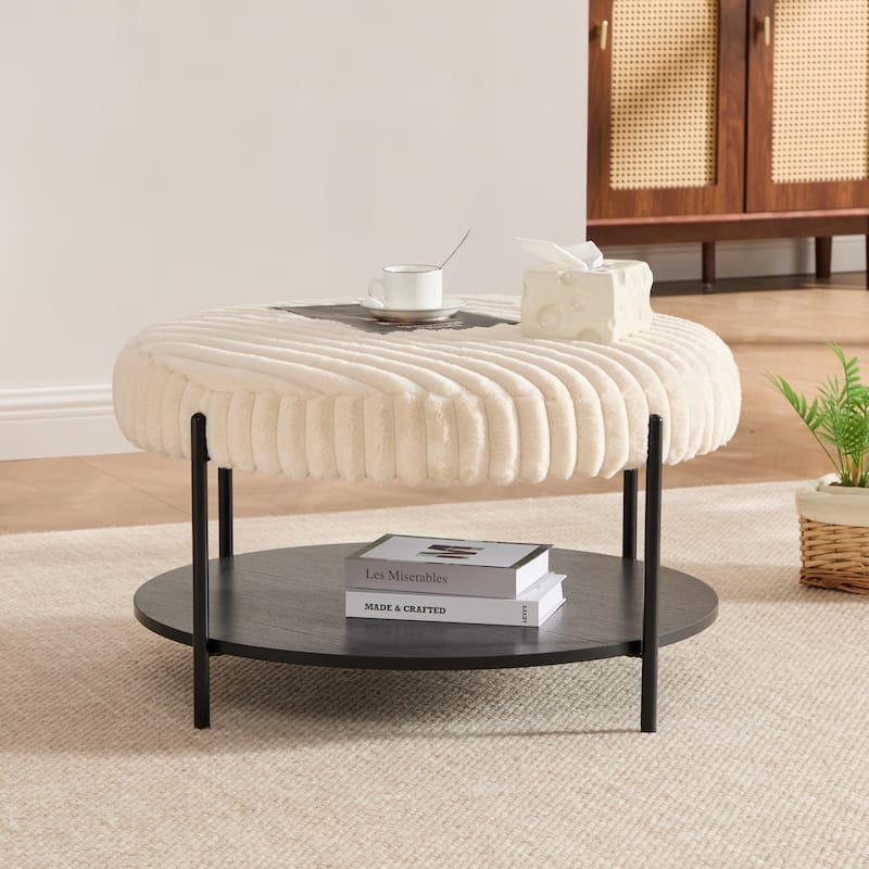 30.9"W Upholstered Coffee Table Ottoman,Round Coffee Table Bench with Storage Shelf and Metal Legs