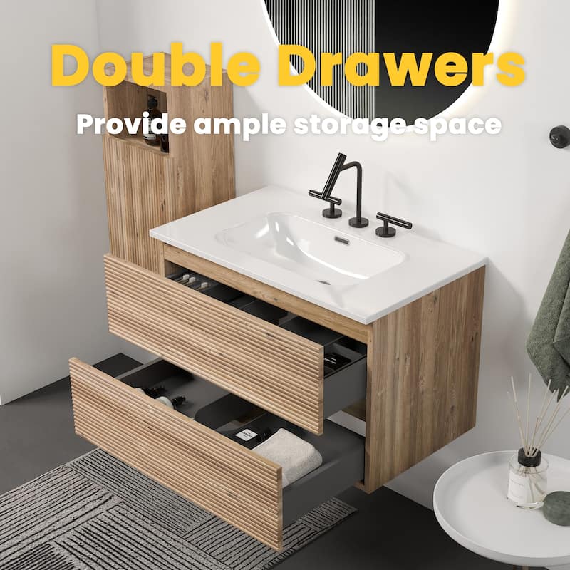 30" Wall-Mounted Bathroom Vanity with Integrated Ceramic Sink & Overflow, Large Storage Floating Cabinet