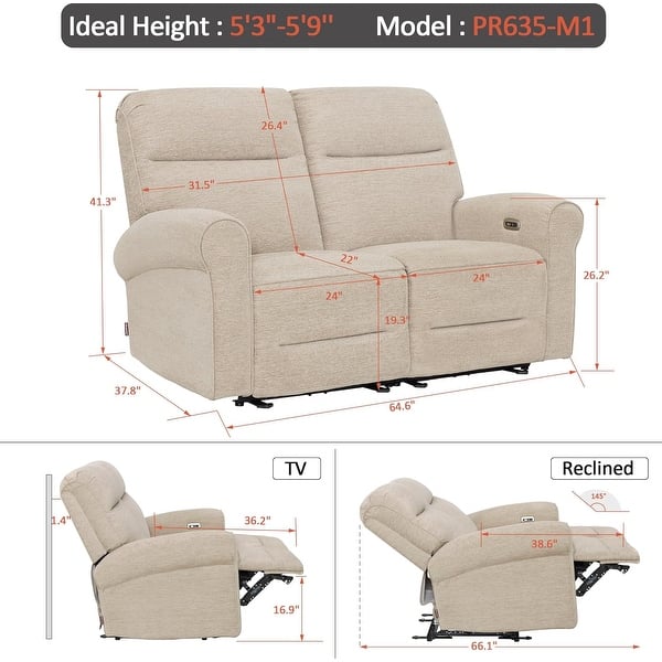dimension image slide 1 of 16, MCombo 64.6" Wall Hugger Power Loveseat Fabric Recliner Sofa with USB Ports