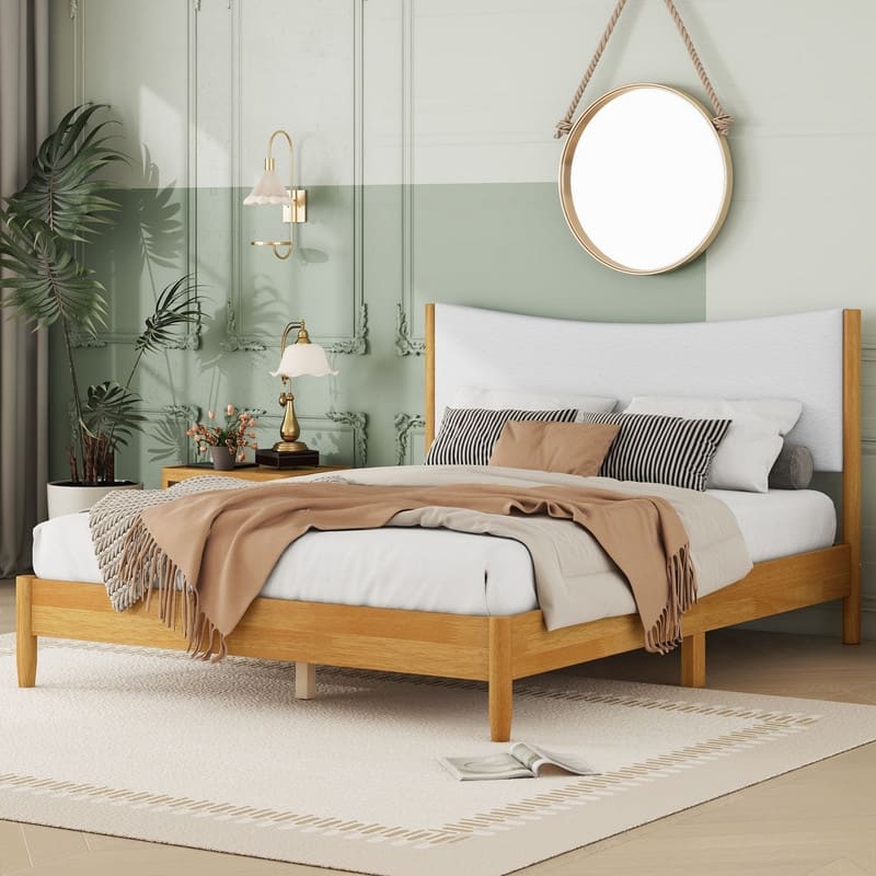 Solid Wooden Platform Bed with Boucle Upholstered Headboard，Queen Size