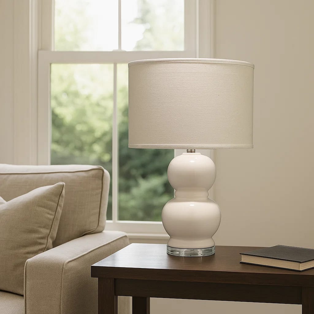 Table Lamp with Stacked Bellied Design Ceramic Base, Cream