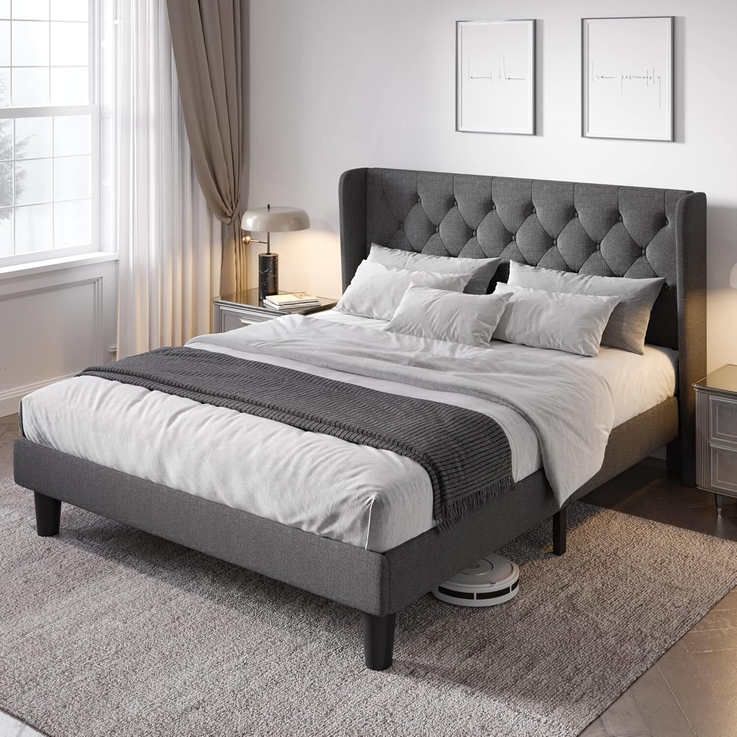 Queen Size Upholstered Platform Bed with Wingback Headboard, Wooden Slats Support, Dark Grey - Easy Assembly, Noise-Free