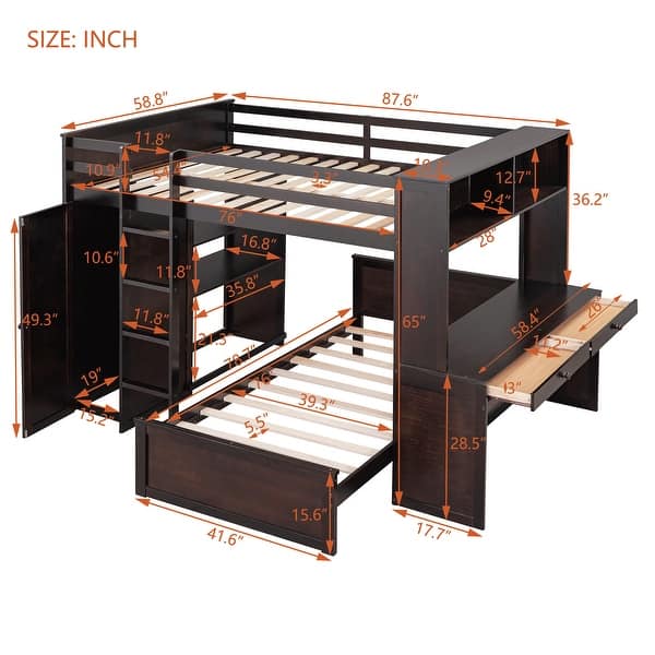 dimension image slide 0 of 3, Full Loft Bed with a Stand-alone bed, Shelves, Desk and Wardrobe, White