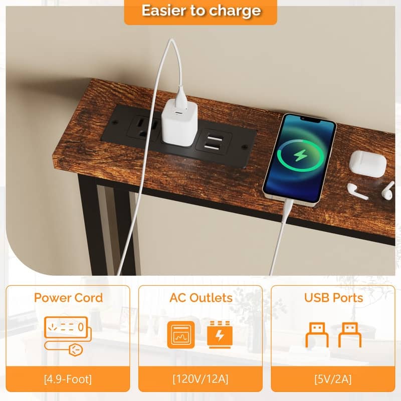 VINGLI Rust Brown 2-piece Set Melamine + Iron Hallway Table with Power Strip