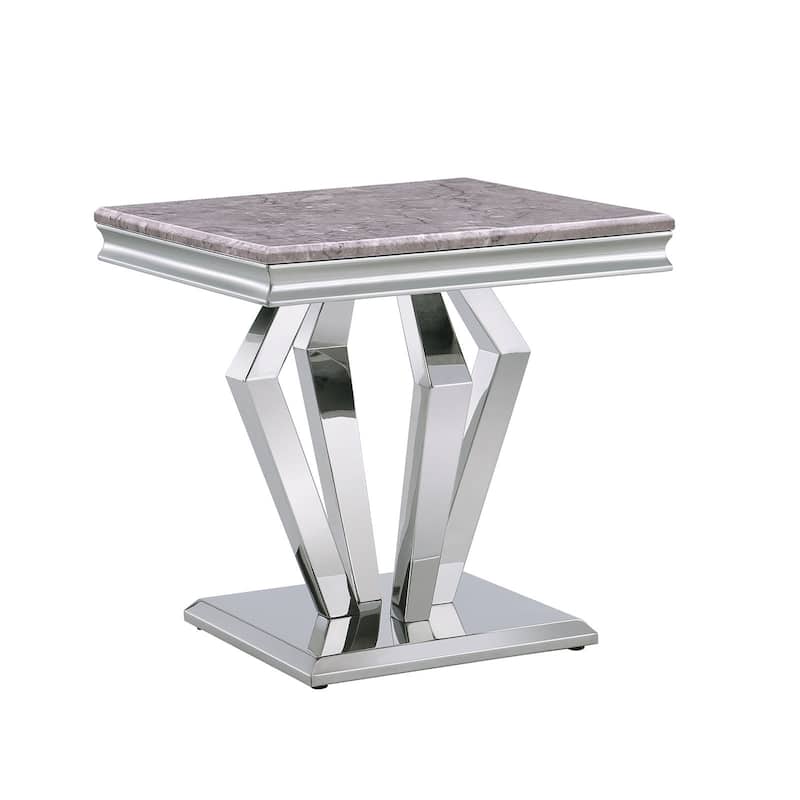 End Table with mirror Geometric Metal Base for Living Room, Bedroom, Sofa Couch - Gray/Silver