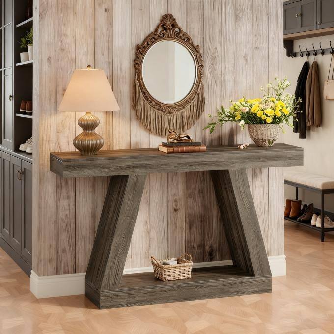 55-Inch Wooden Console Table with Storage, Farmhouse Sofa Table Entryway Table for Hallway, Living Room