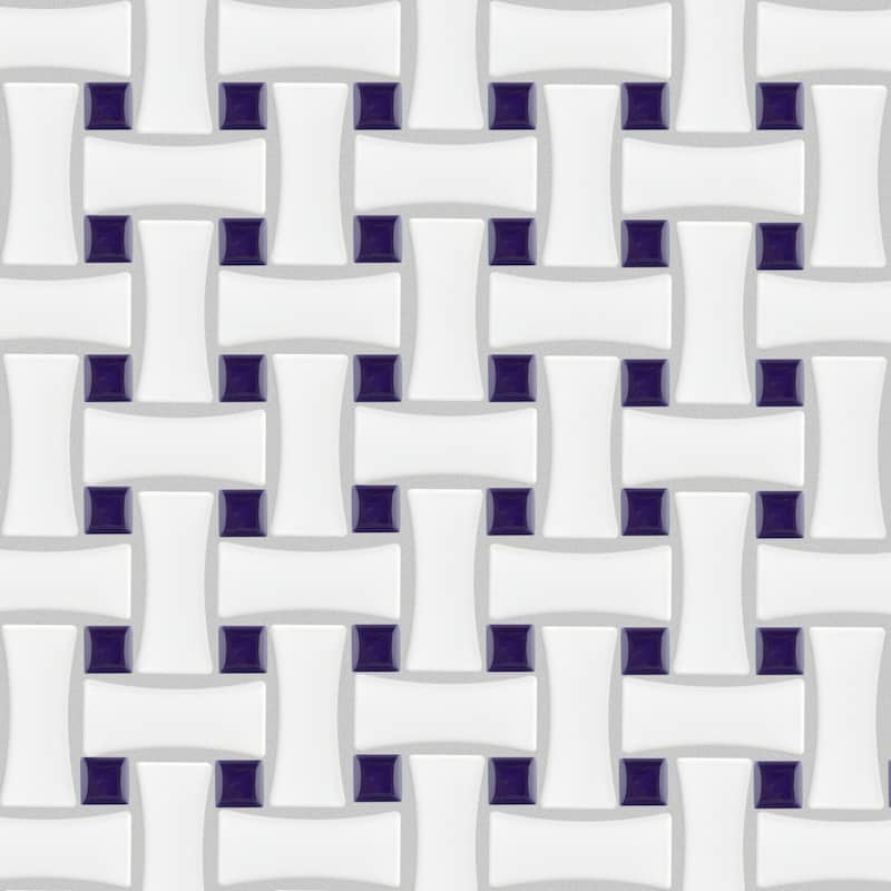 Merola Tile Metro Dog Bone Basketweave White w/Cobalt Dot 10" x 10" Porcelain Mosaic Tile