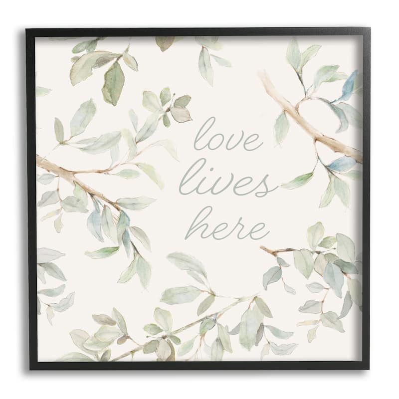 Stupell Love Lives Here Cursive Botanical Branches Phrase Framed Wall Art, Design by Lanie Loreth - Off-White - 24 x 24 - Black