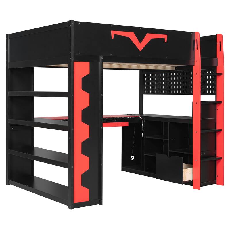 Full Size Gaming Loft Bed with Desk & RGB LED Lights, Pro-Gamer Setup with Pegboard, Keyboard Tray & Storage