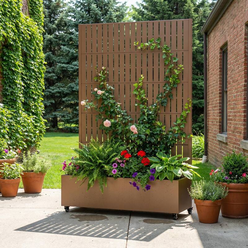 Raised Garden Bed Planter with Trellis Movable Planter Box with Lockable Wheels - 72*47 - Brown