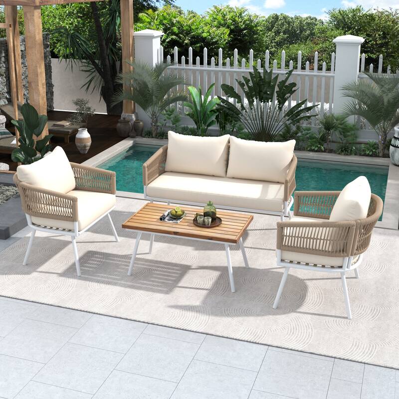 4-Piece Patio Conversation Set with Acacia Wood Table - Beige