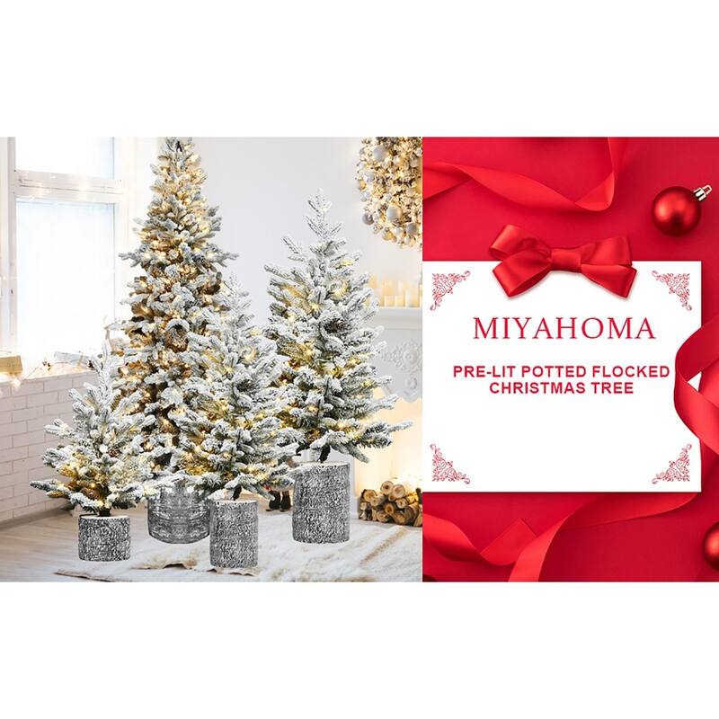 3FT Flocked Christmas Tree with Pot Base,70 Warm White LED Lights,365 Tips,7 Pine Cones-Small Prelit Holiday Tree