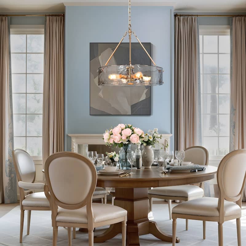 Modern 4-Light Gold Drum Chandelier Textured Glass Pendant Kitchen Island Lights for Dining Room - 19.5" D x 19" H