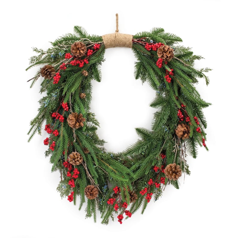 Mixed Pine Cone Berry Wreath 30"H - Green