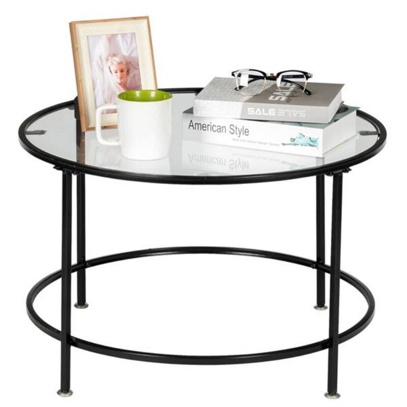 2 Layers 5mm Thick Tempered Glass Countertops Round Wrought Iron Coffee Table - Black - 25.98"L x 25.98"W x 16.53"H