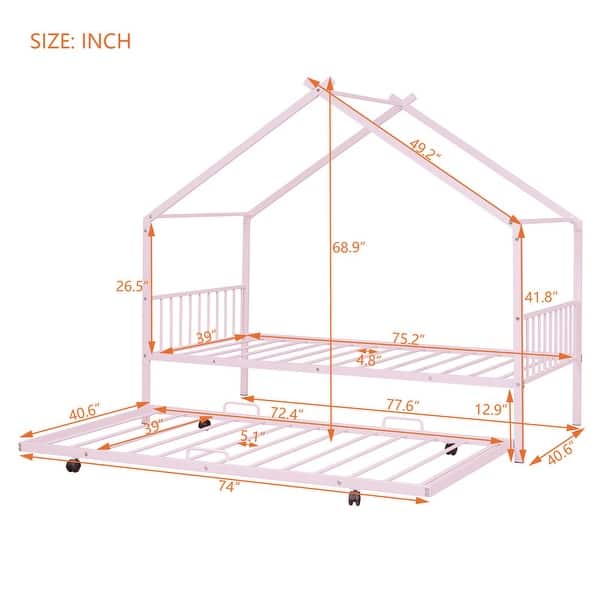 dimension image slide 2 of 3, Metal Adorable House Twin Size House Bed with Twin Size Trundle Bed,Kids and Baby