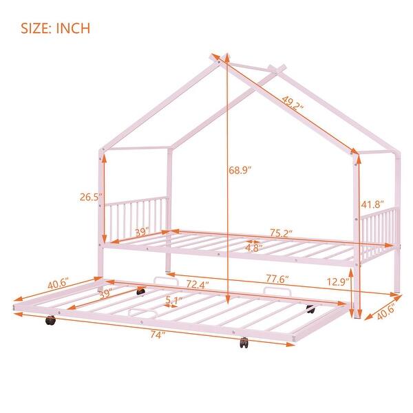 Metal Twin Size House Bed with Twin Size Trundle