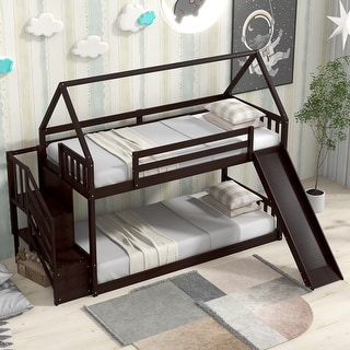 Wooden Modern Twin over Twin House Bunk Bed with Slide and Storage Staircase, Featuring a pitched roof and wall section.