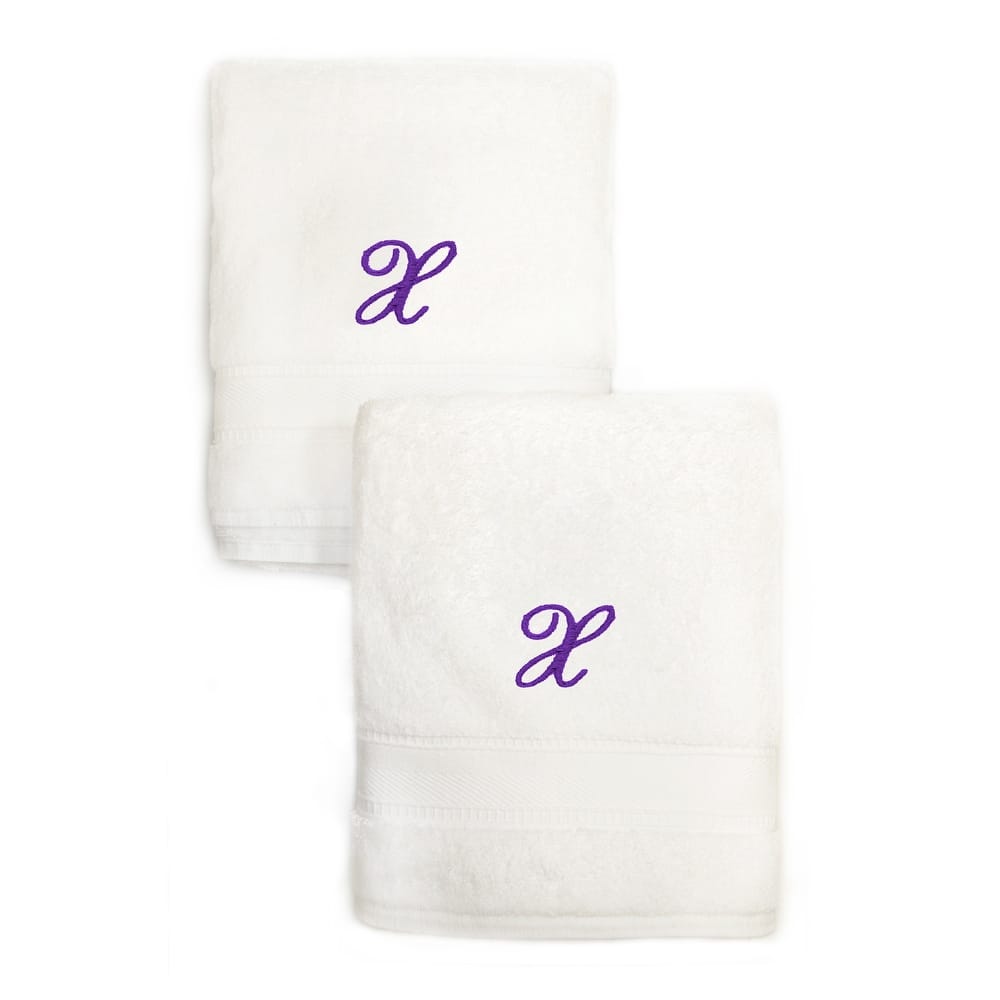 Sweet Kids 2-piece White Turkish Cotton Hand Towels Personalized with Lavender Purple Monogrammed Initial