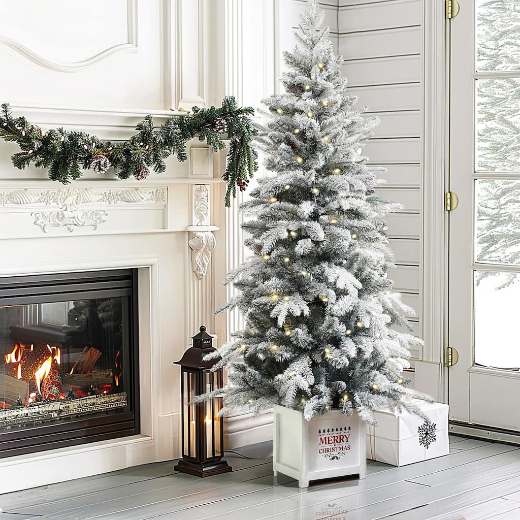 5Ft Pre-Lit Snow Flocked Full Pine Potted Artificial Christmas Tree - 60" H x 31.5" Diameter