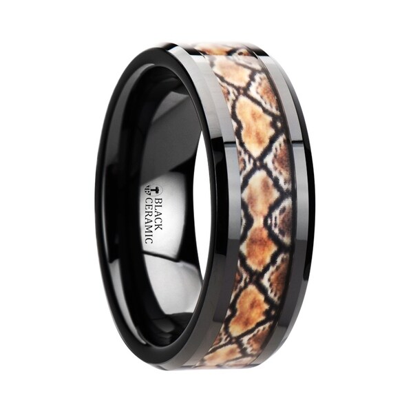 BASILISK Black Ceramic Wedding Ring with Boa Snake Skin Design Inlay 8mm