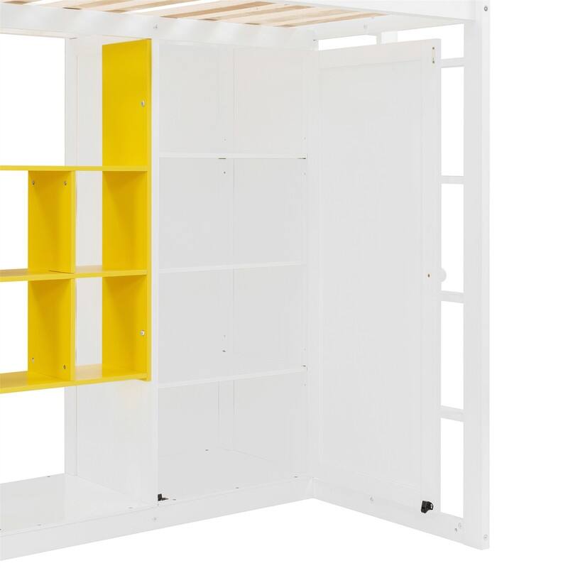 Twin/Full Size Loft Bed with Wardrobe and Cabinet, Wooden Loft Bedframe with Storage Shelves, Ladder and Guardrail for Kids