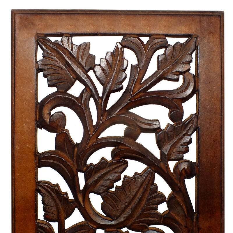 Mango Wood Wall Panel Hand Crafted with Leaves and Scroll Work Motif, Brown