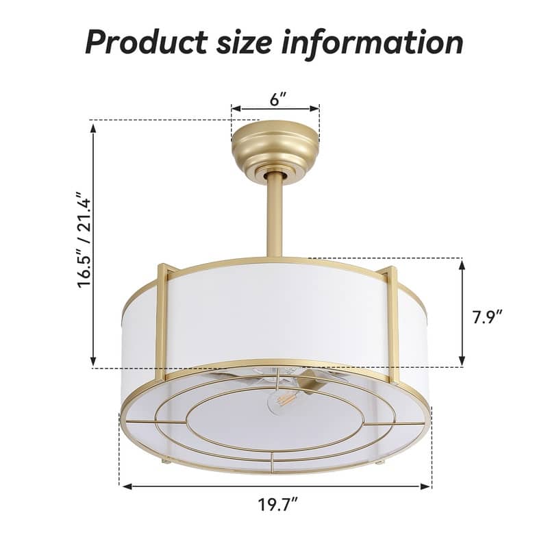 20" Modern Gold Ceiling Fan with Light and Remote Control, Reversible DC Motor 6 Speeds Fandelier Ceiling Fan with Fabric Shade
