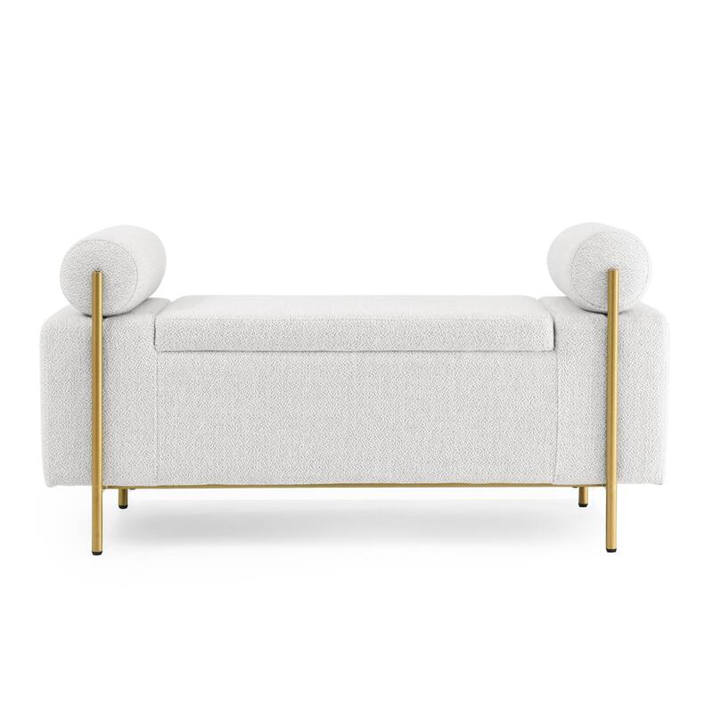 Elegant Upholstered Storage Bench with Cylindrical Arms and Iron Legs
