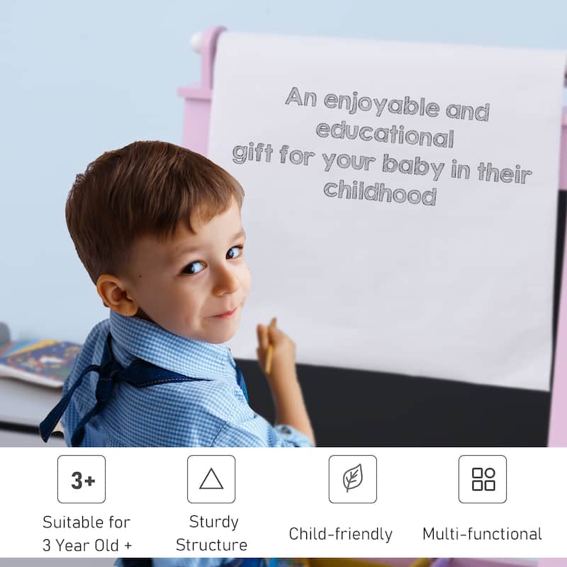 Qaba 3 In 1 Kids Wooden Art Easel with Paper Double-Sided Chalkboard & Whiteboard with Storage for Age 3 Years+, Pink