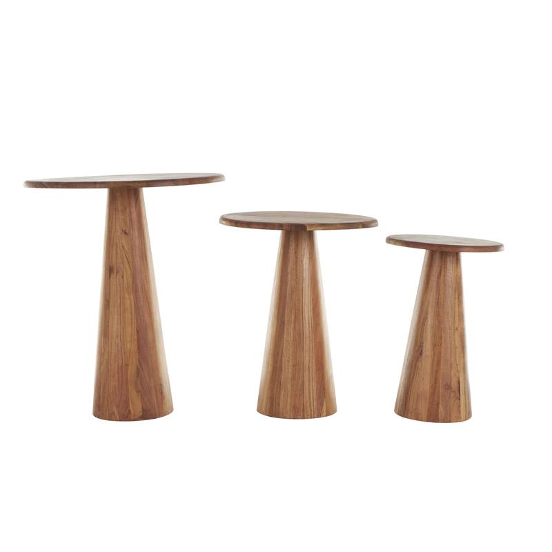 Brown or Light Brown Wood Side End Accent Table with Natural Wood Grains and Cone Shaped Bases (Set of 3)
